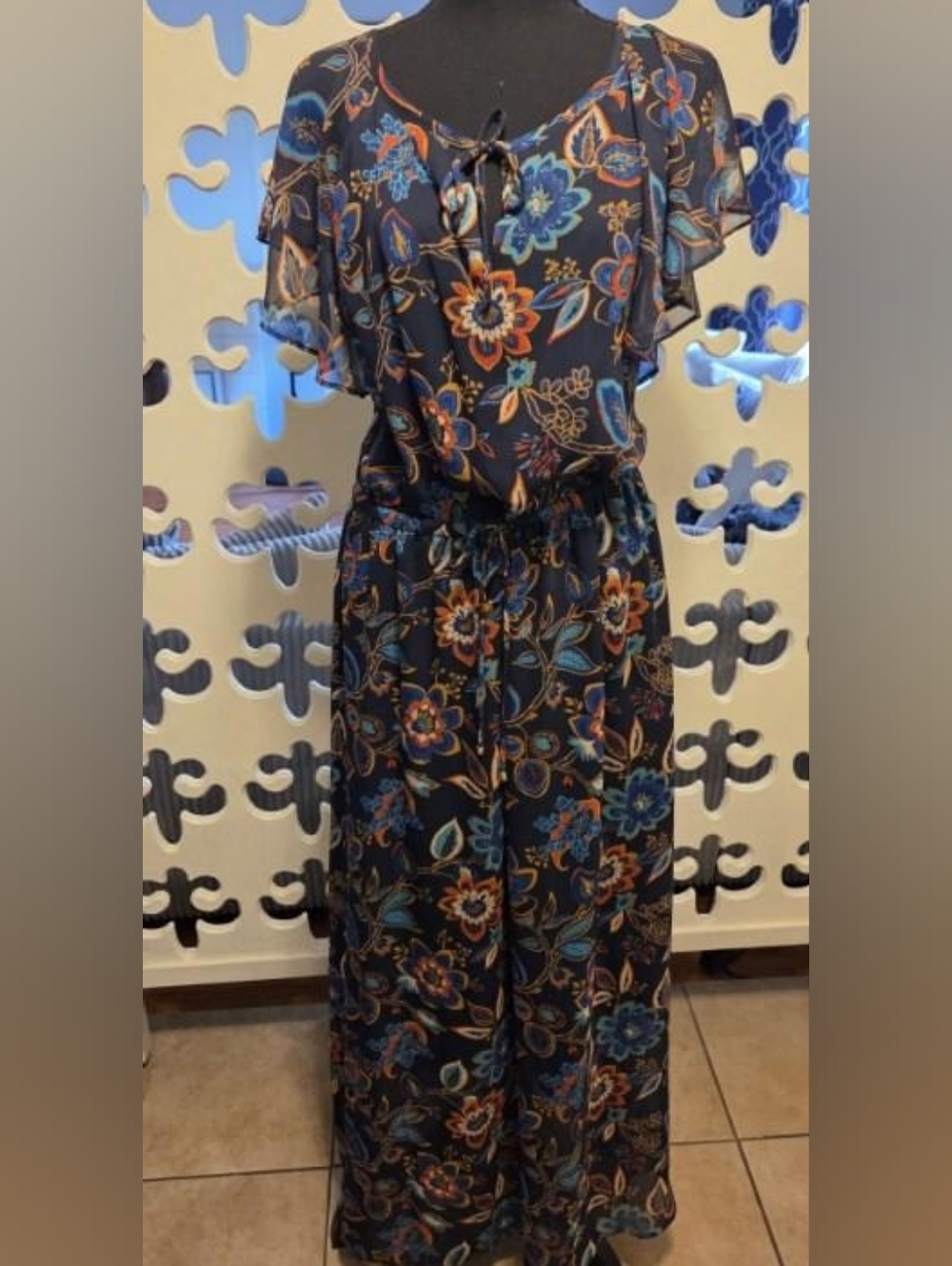 Floral Tie-Neck Midi Dress in Navy with Orange & Teal Print